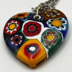 Millefiori Murano Glass Heart Pendant Necklace
